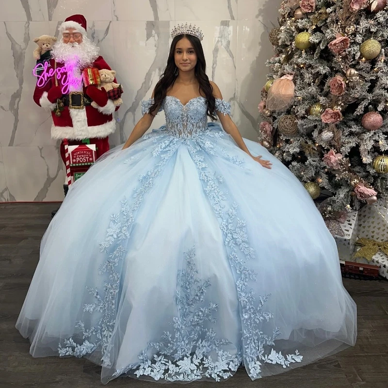 Light Sky Blue Princess Quinceanera Dress 2024 Off Shoulder Appliques Lace Beads Sequins Party Sweet 16 Gown Vestidos De 15 Años