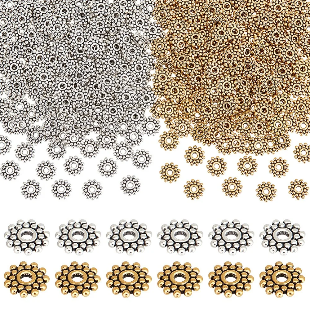 400Pcs 2 Colors Gear Silver Spacer Beads Lead Free Nickel Free Cadmium Free Flower Silver Golden