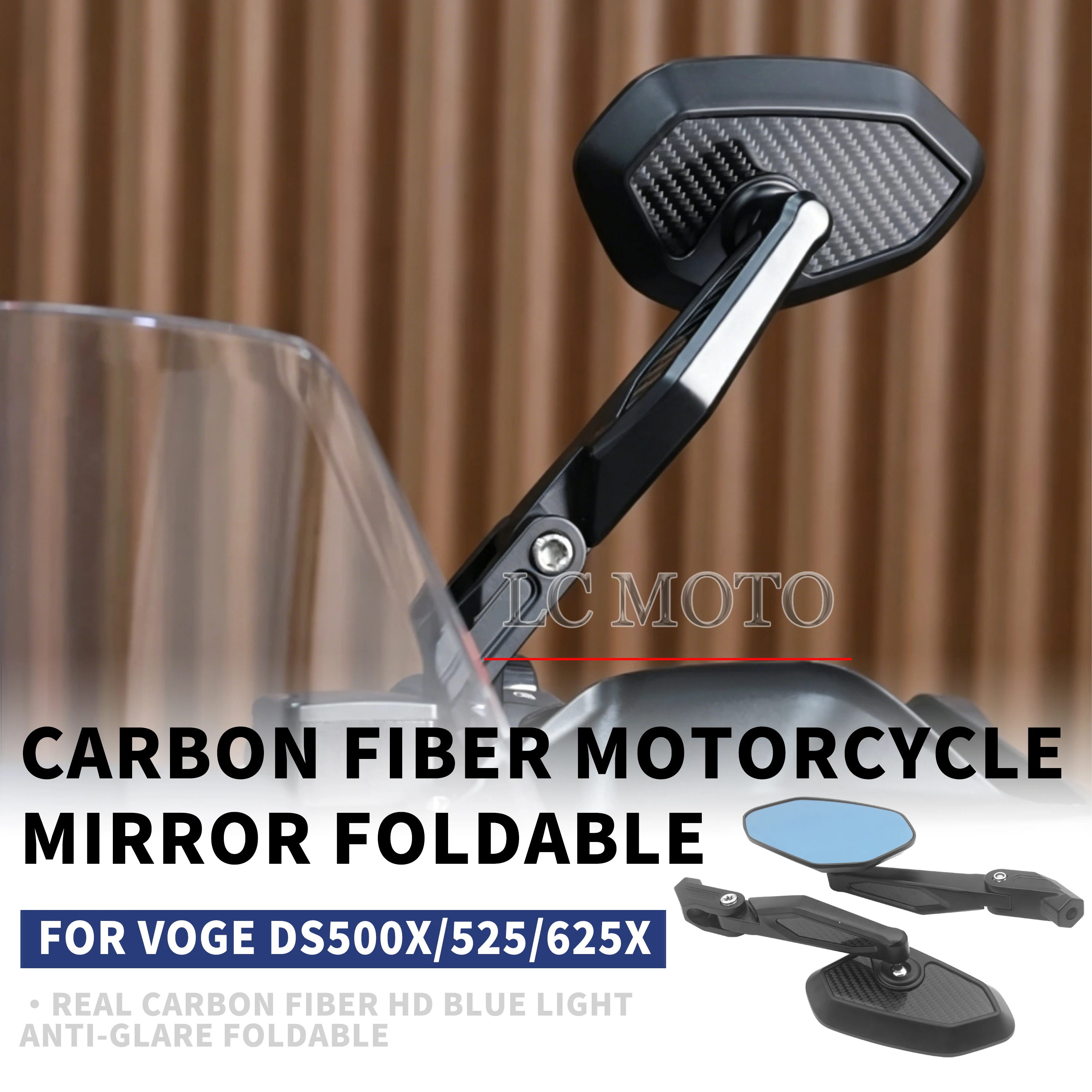 Compatible with Voge DS500X, DS525X, DS625X, DS800X, and DS900X motorcycles: Foldable carbon fiber rearview mirror with anti-fog