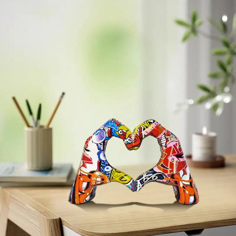 Heart Hands Sculpture Graffiti Hand Love Statue Wedding Ornaments Colorful Painting Heart Gesture Sculpture Art Figurines Statue