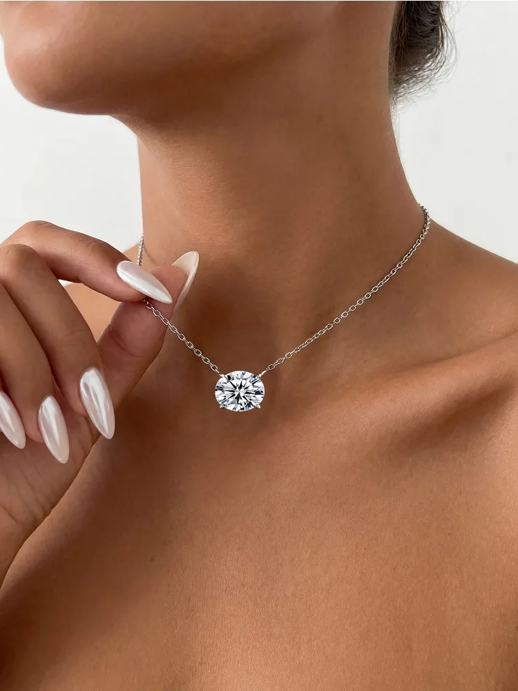 925 Sterling Silber ovale Form, minimalistische Mode-Zirkon-Halskette für Frauen, Verlobung, Hochzeit, Party, hochwertiger edler Schmuck – Detail 9