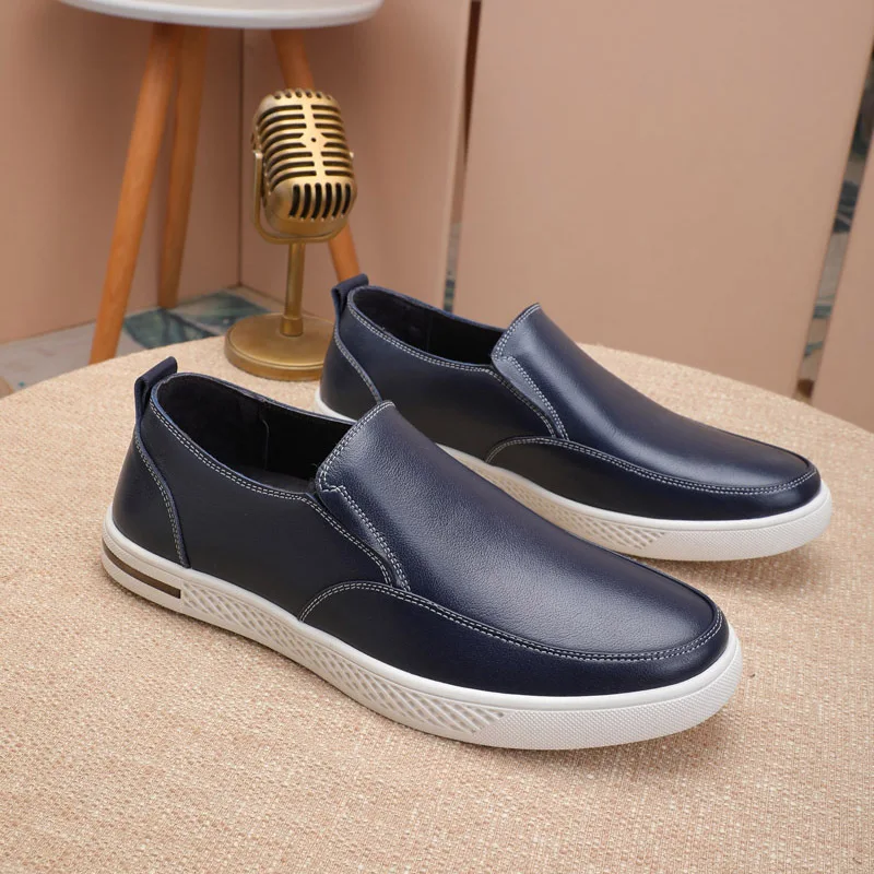 

Autumn New Men's Genuine Leather Shoes British Style Men Casual Loafers Breathable Slip on Flats Black Navy M2321