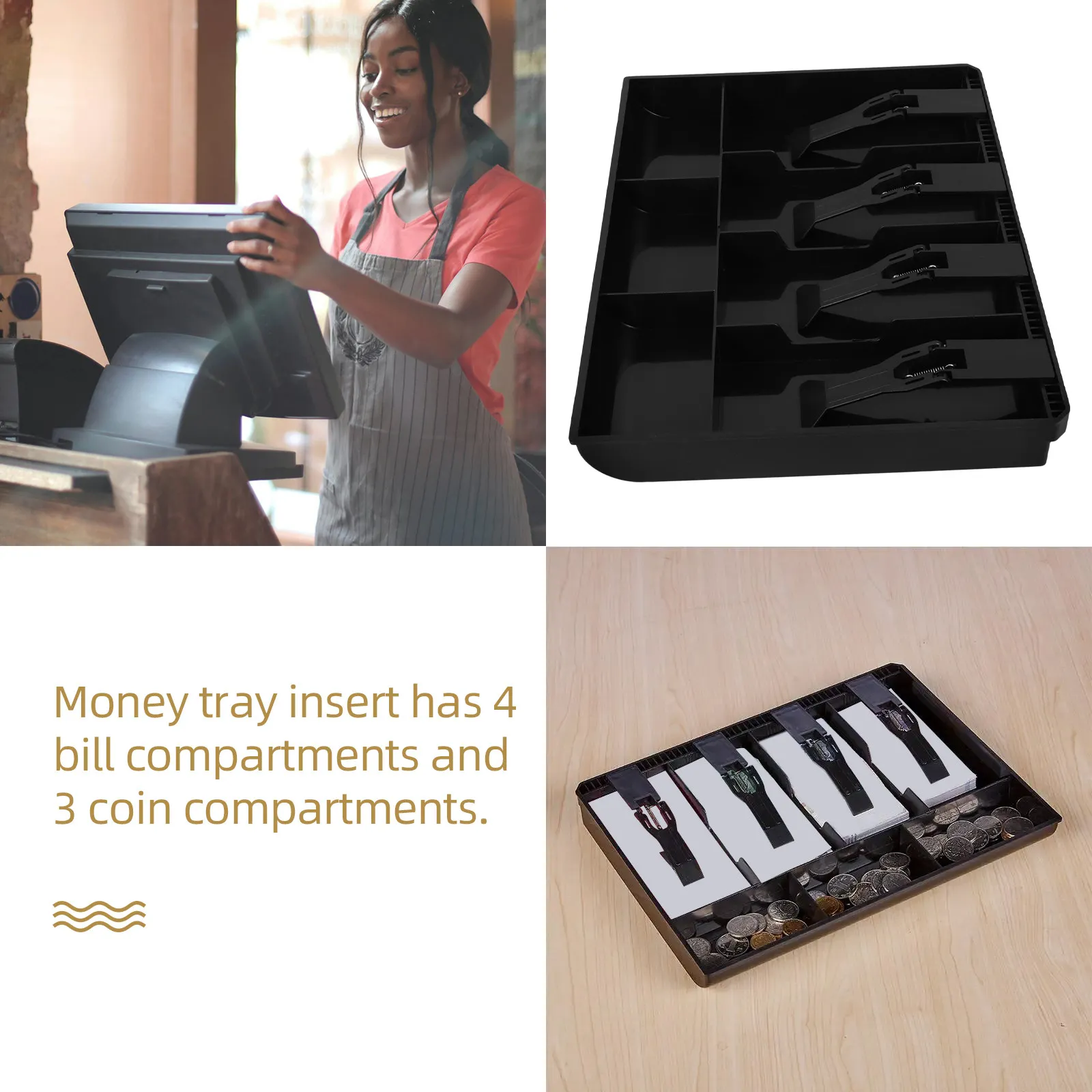 

Прочный лоток для наличных из АБС-пластика с 4 зажимами для купюр и 3 отделениями для монет, идеально подходит для универмагов, выставок и продуктовых магазинов, черный