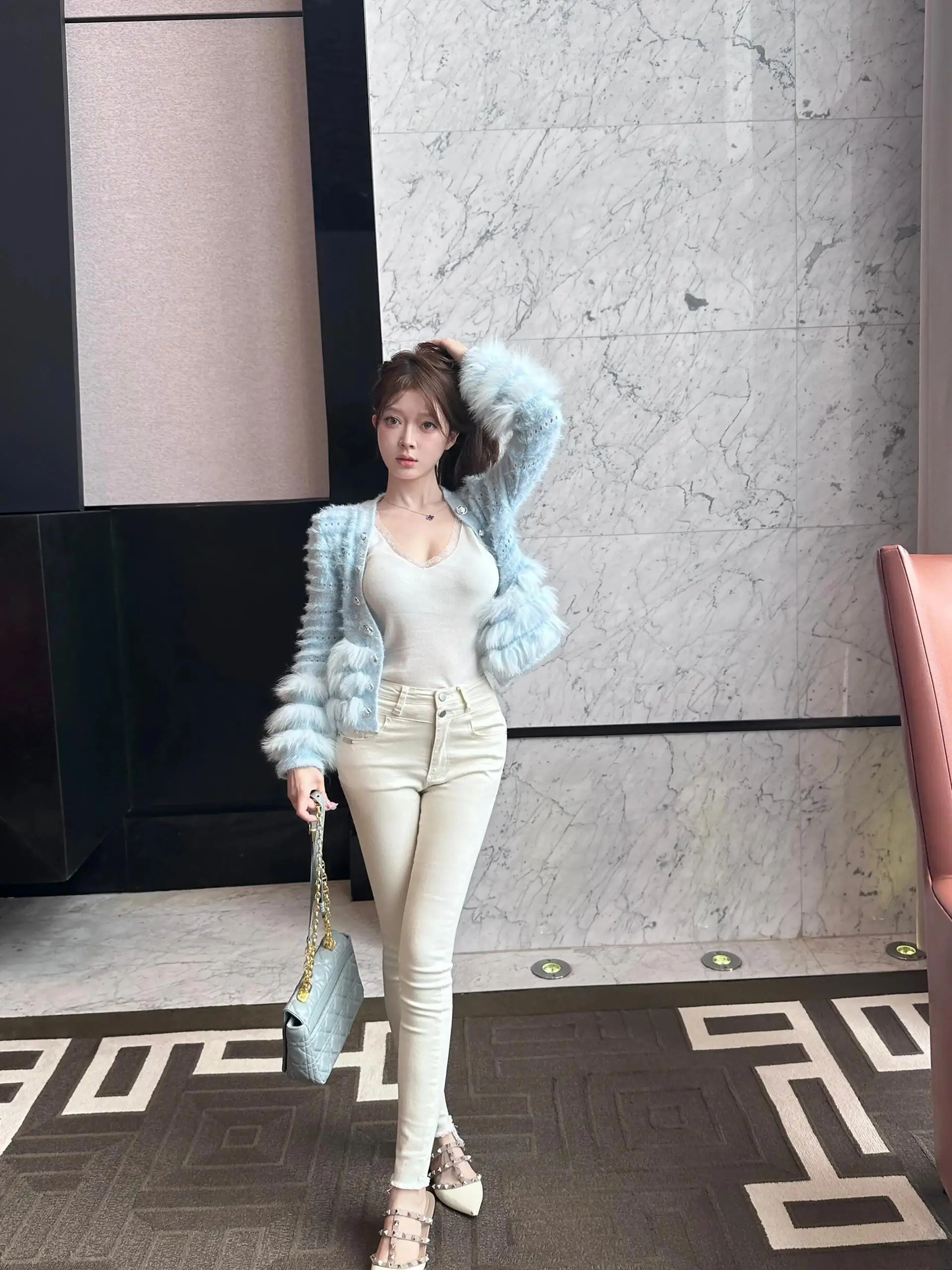 

High Waist Slimming High Waist Pencil Jeans Women's Nine Points Butt Enhancing Self-Contained Hip Pad Double Buckle White