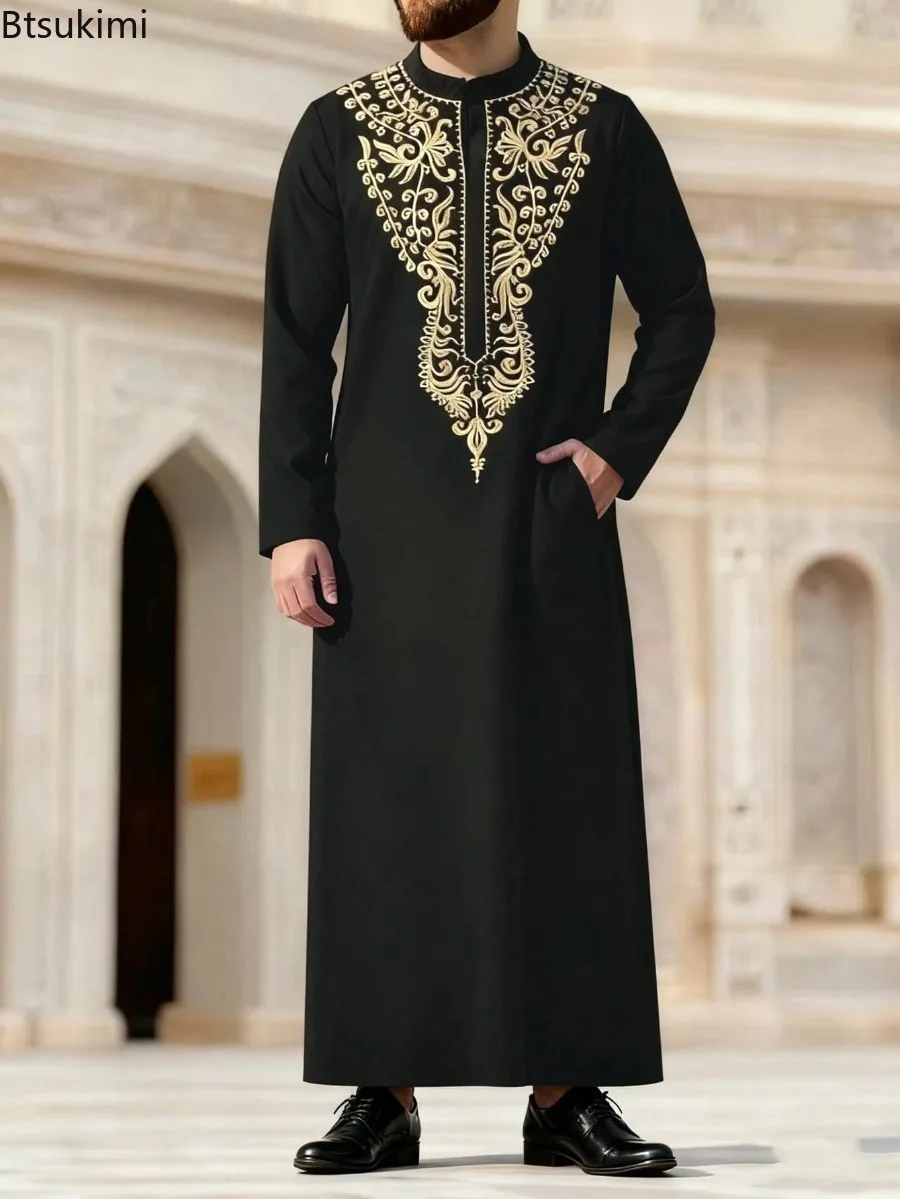 Pakaian Pria Muslim Timur Tengah, Busana Muslim Abaya Lengan Panjang Bersulam, Jubah Longgar Kerah Tegak, Gaya Etnik Jubba Thobe Pria