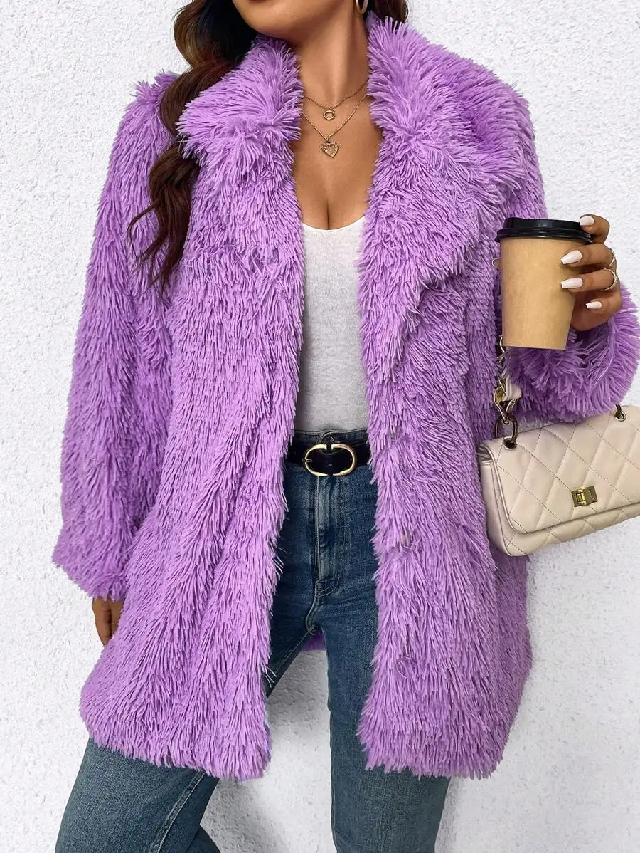 

Women's Plus Size Fluffy Faux Fur Long Sleeve Coat in Solid Purple for Autumn Winter