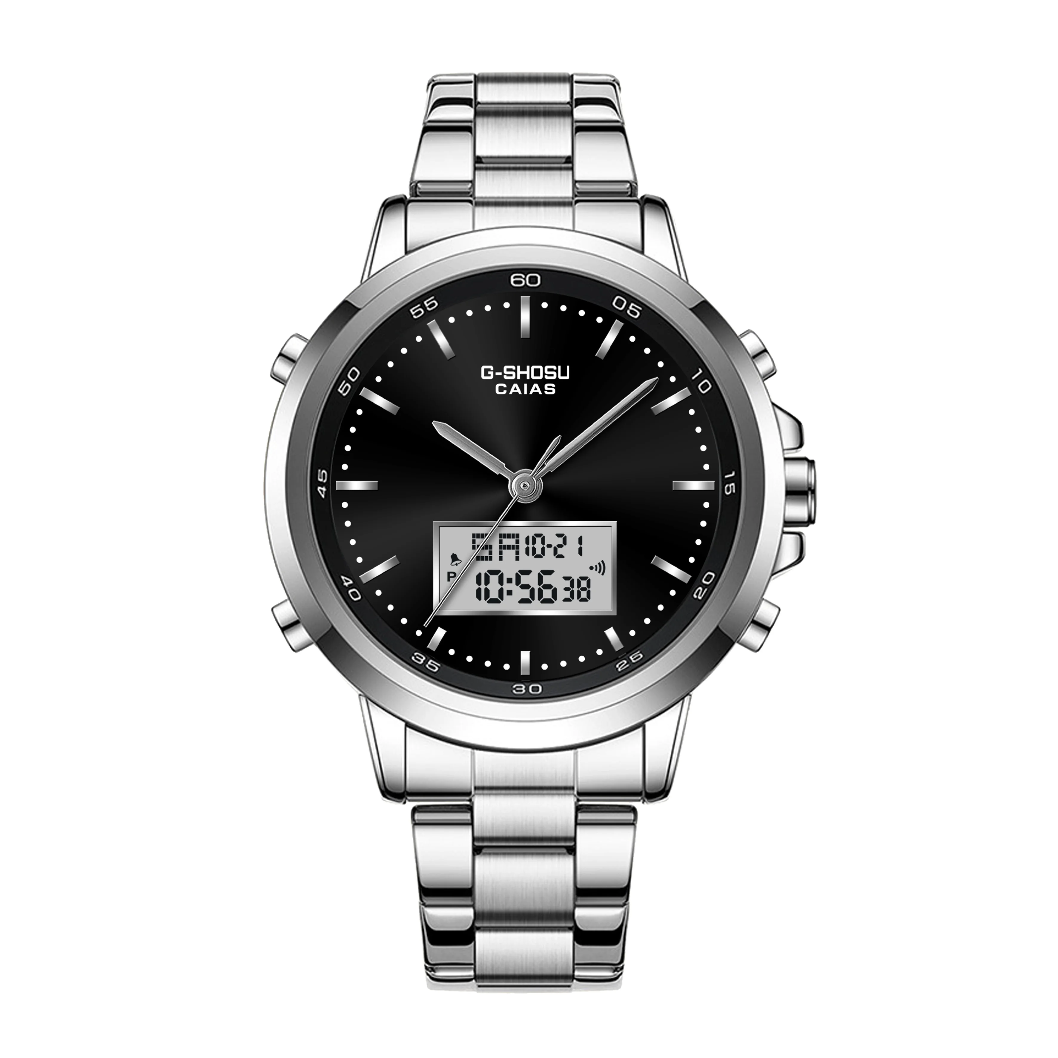 

G-SHOSU Unisex Watch: Round Dial, Stainless Steel Band, Dual LED Display, World Time, Full-Featured, Business-Casual Style