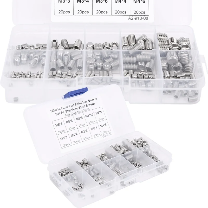 200pcs Stainless Steel Flat Point Hex Socket Grub Screw For Precise Instrument M3/M4/M5/M6/M8