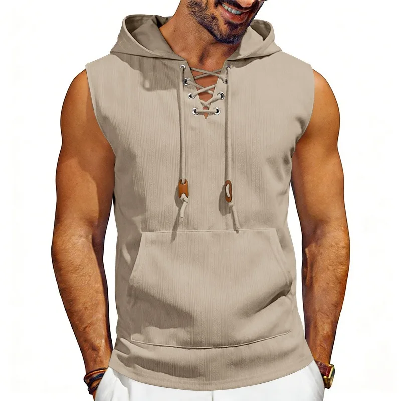 New Men  Sleeveless Hoodie Vest Summer Solid Lace Up Drawstring Tank Top with Pocket Casual Hip Hop Gym Workout Hooded T-shirt。