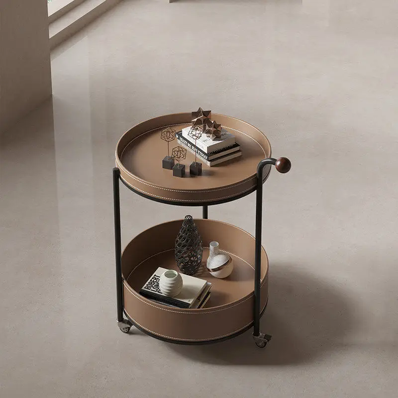 Italian-style minimalist living room, movable sofa side table, coffee table, home small round table, creative saddle leather