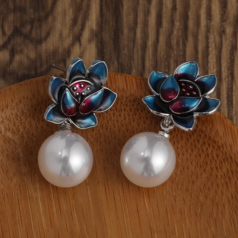 Original design cloisonne enamel porcelain lotus pearl earrings Chinese retro craftsmanship elegant charm women's silver jewelry