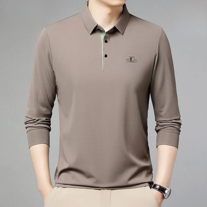 Business Men's Long Sleeve Polo Shirt Mulberry Silk Soft Breathable Moisture-Wicking Middle-Aged