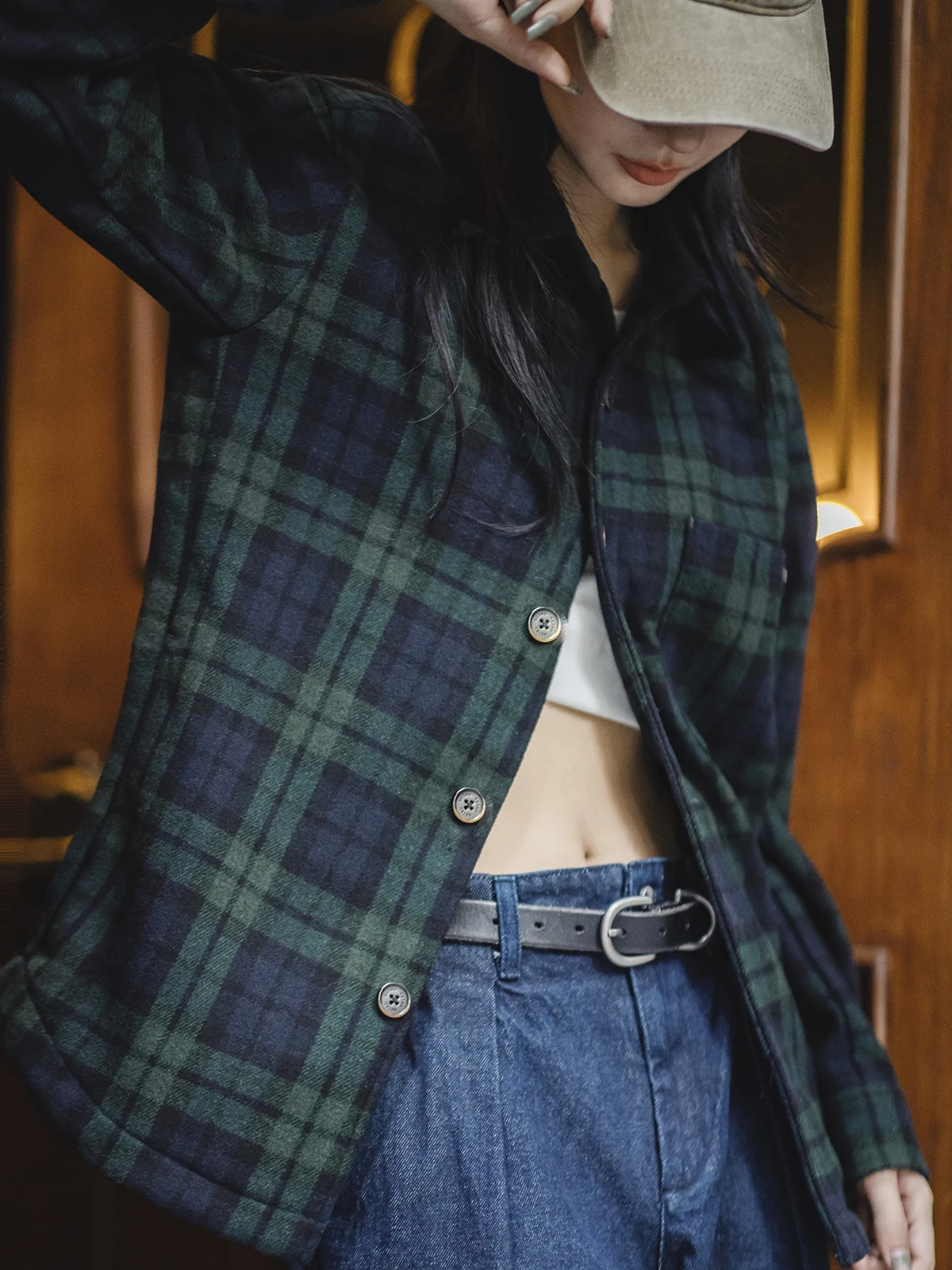 

Maden American Retro Blue een Plaid irt Jaet Loose Casual Design Women's Spring Outerwear Button Regular Sve Long