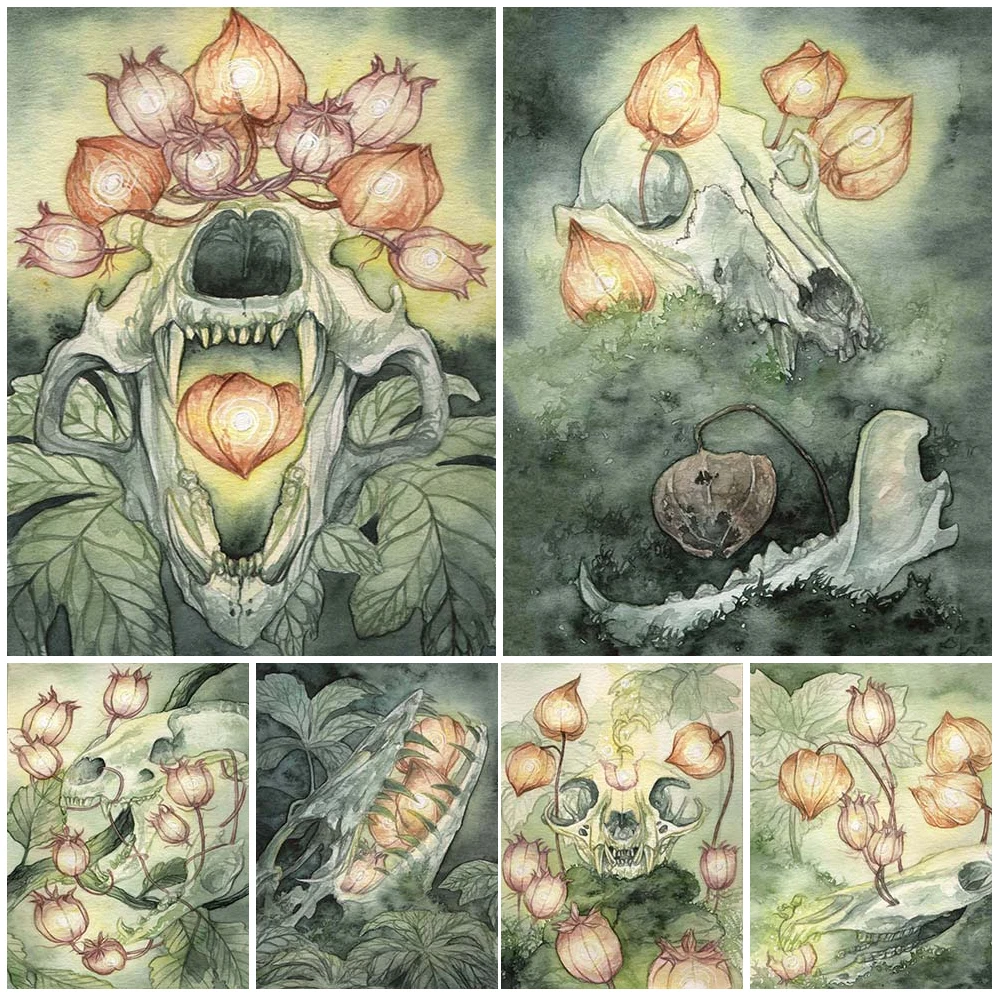 Animal Skulls Abstract Watercolor Art Prints Witchcraft Spirit Withered Bones Wall Art Poster And Print Home Decoration Unframed