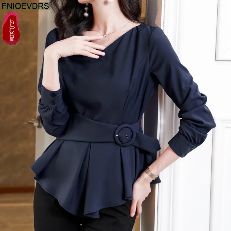 우아한 퍼플 탑 블라우스 새해 패션 여성 오피스룩 솔리드 긴팔 V넥 슬림 웨이스트 벨트 레이스업 베이직 셔츠