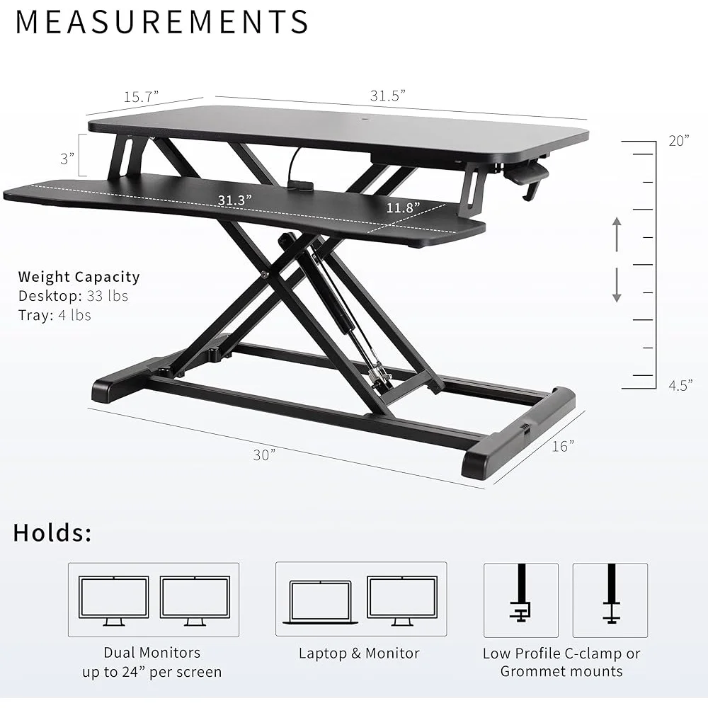 Height Adjustable Desk Converter Dual Monitors Sit to Stand Riser with Keyboard Tray Easy Setup Office Workstation