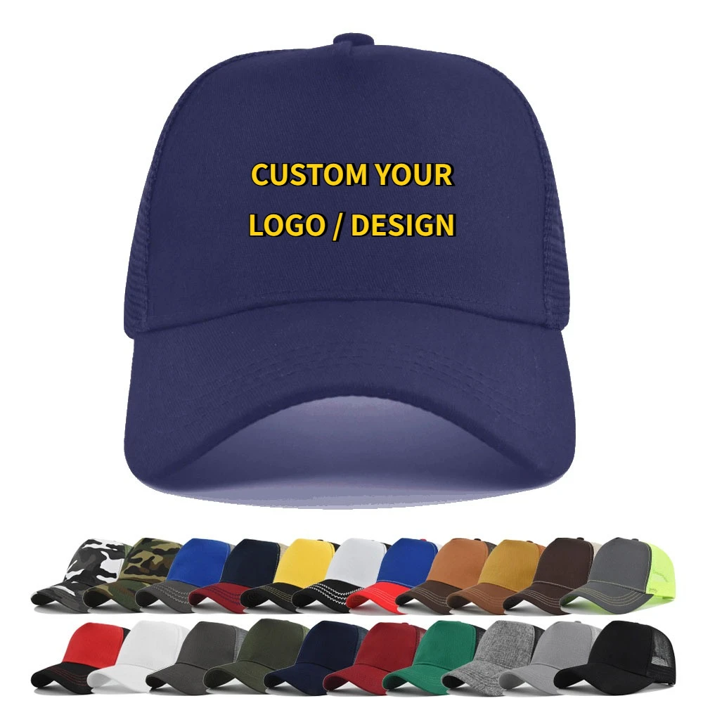 10 Pieces / Lot Customized Logo Printing Baseball Cap Hard Top 5-Panel Mesh Caps For Men Women Summer Cotton Hat Gorra Wholesale
