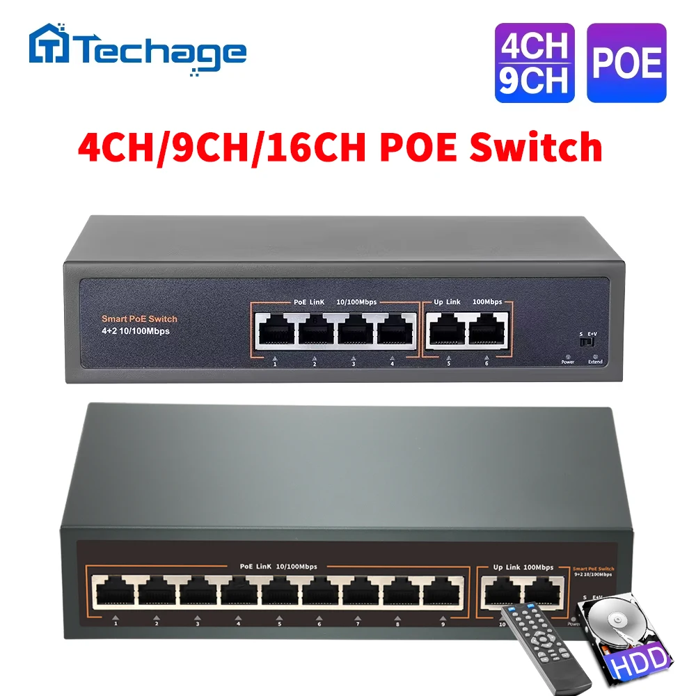 Techage PoE RJ45 Ethernet-Switch 4CH/9CH/16CH 52V PoE-Netzwerk-Switch für IP-Kamera-Videoüberwachungssysteme