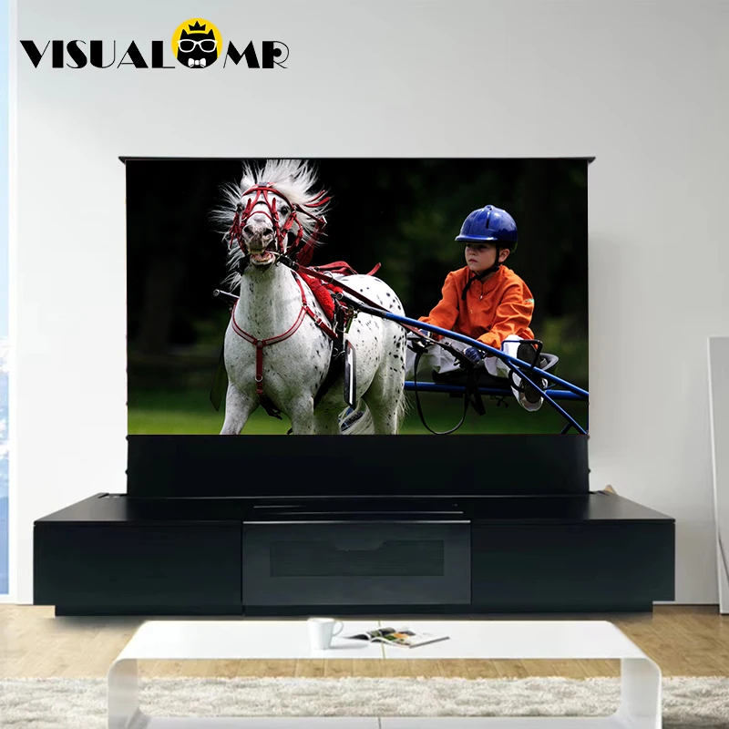 

UST Laser Projector Motorized Cabinet 100/120inch with Motorized Floor Rising Black Grid UST Projector Screen Integrated Cabinet