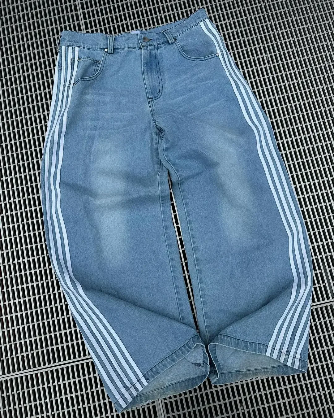 High Street Hip Hop Retro Blue Distressed Striped Denim Loose Pants Men's Y2K Harajuku Casual Simple Straight Leg Wide Leg Pants