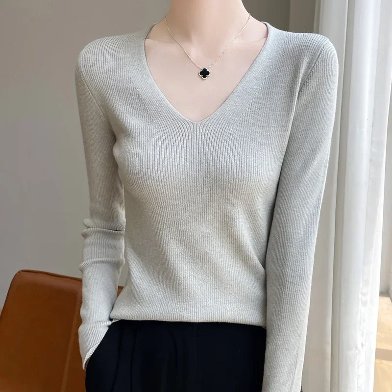 Women Thin Sweater Exquisite V-Neck Pullover Winter Knitted Long Sleeve Slim Tops 2024 Ladies Casual Soft Warm Basic Tops Woman