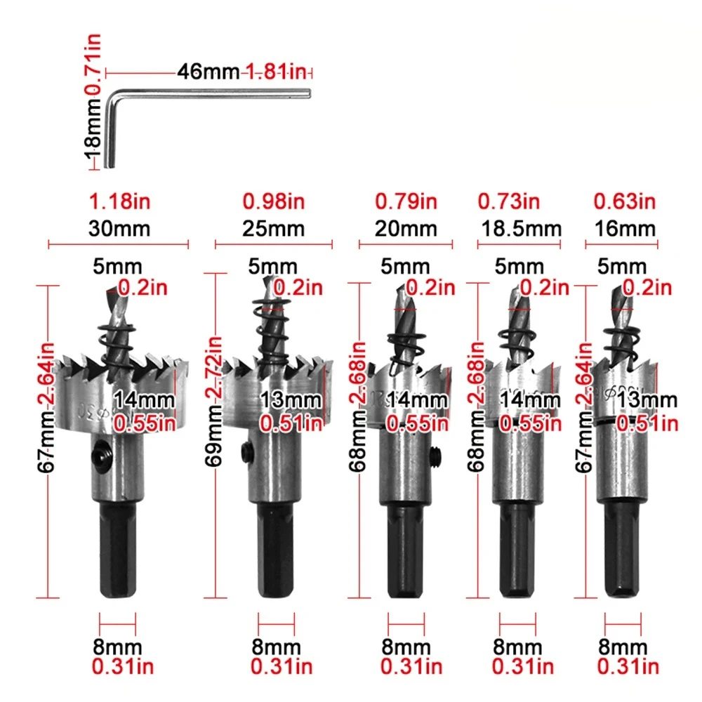 JENTORIX 5pcs 16-30mm High-Speed-Steel Hole Opener,Hole Saw Kit With Wrench,Drill Bit Set,for Metal Steel Aluminum Plastic&Wood