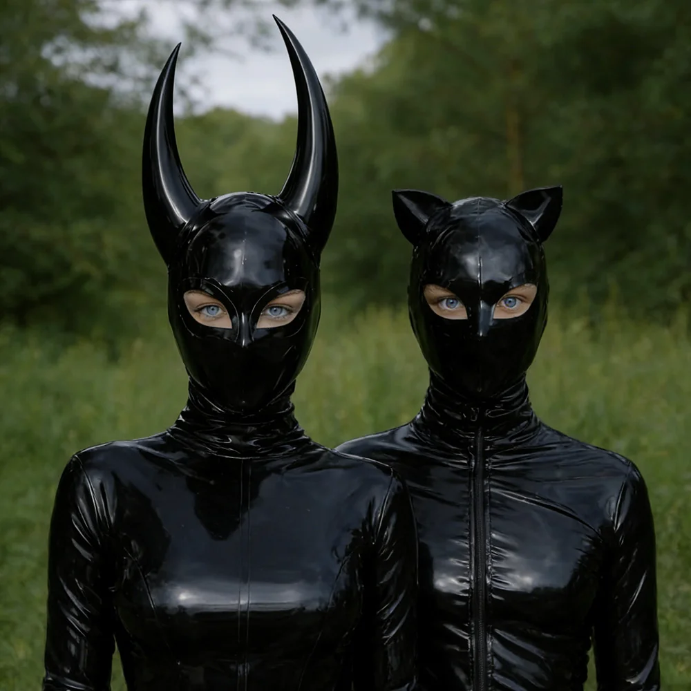 Black Latex Hood Mask with Inflatable Horns, Latex Headgear Back Zip S-LM329