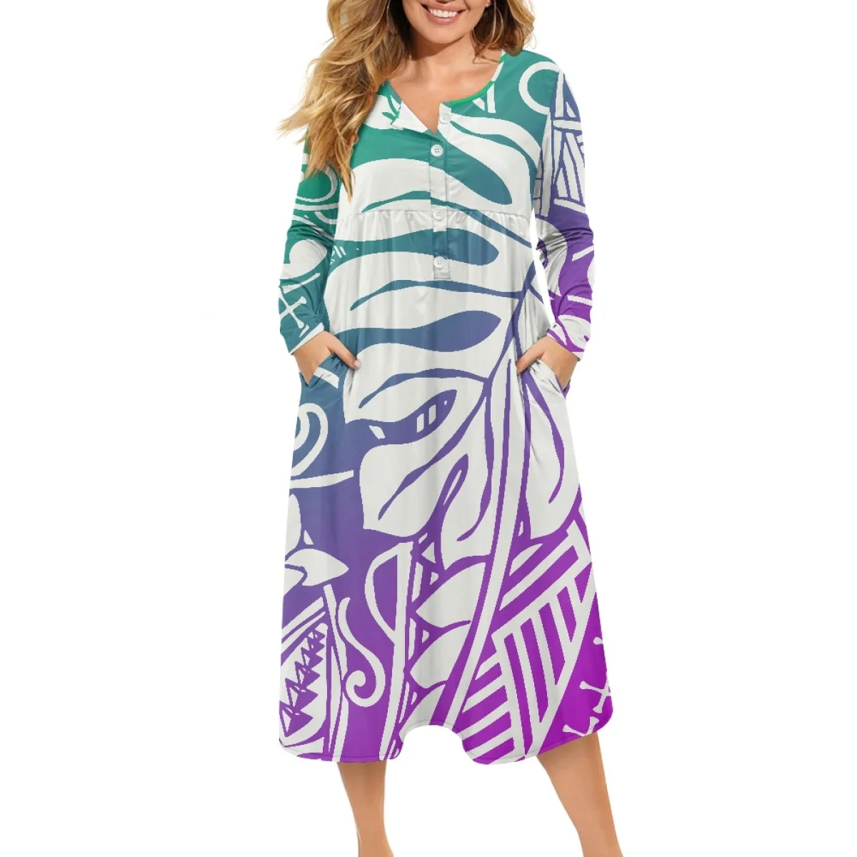 สีน้ําตาลคอวีปุ่มหลวมพิมพ์ชุดลําลองฤดูร้อน Hawaiian Pacific Island Polynesian ชุดเสื้อผ้าผู้หญิง