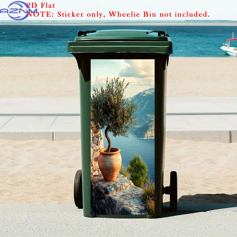 2D Flat 1pc Mediterranean Scenery Wall Painting Trash Can Stickers, Olive Tree Display Removable Self-Adhesive Trash Can Wallp