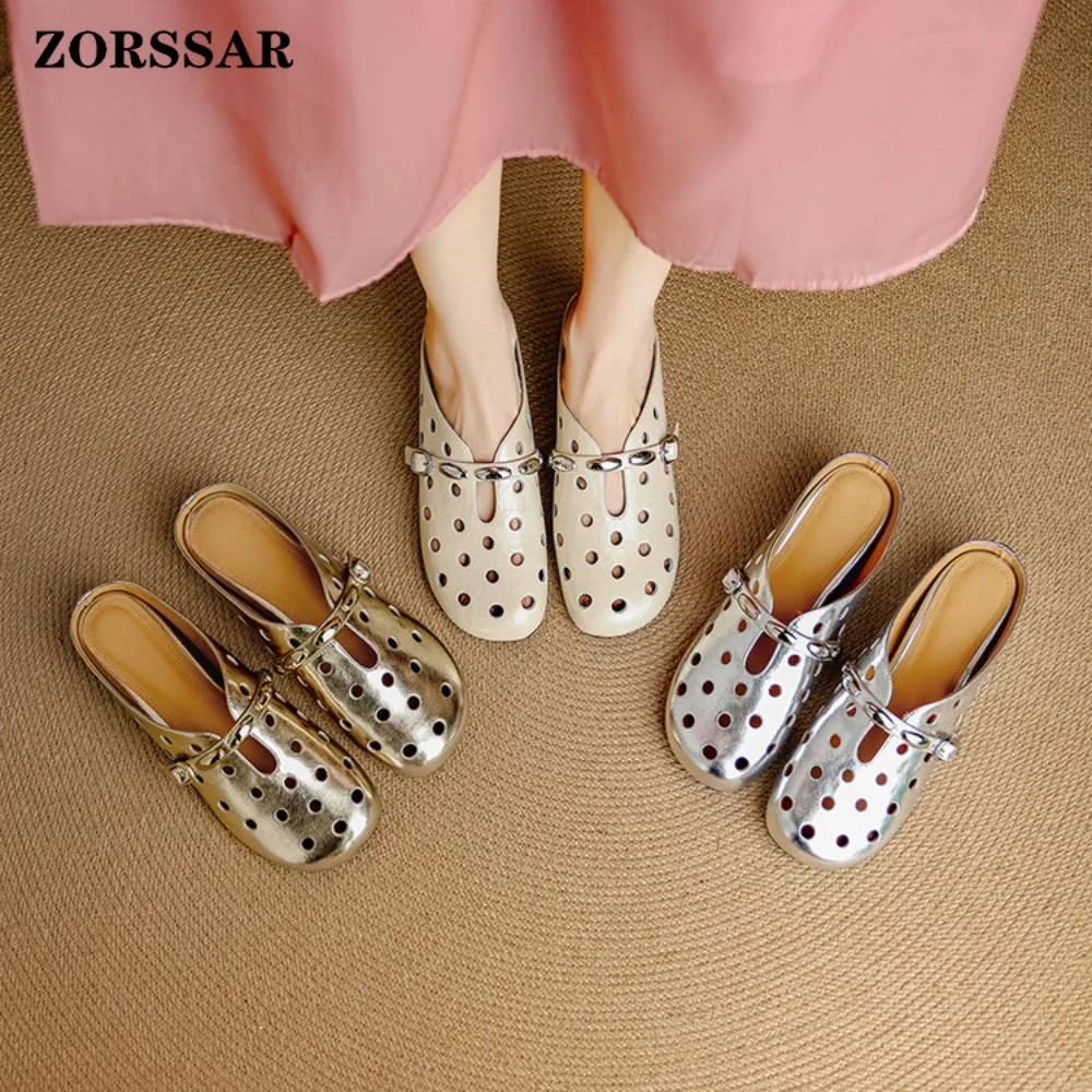 

Женские летние сандалии-мюли с вырезами, металлической пряжкой и дышащей открытой пяткой, без задника, на плоской подошве, модные