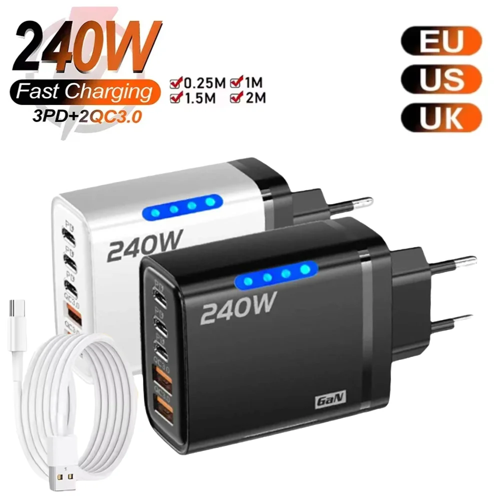 

GaN 240W USB 5 In 1 Charger Fast Charging Type C Mobile Phone Adapter For Samsung Huaweui Xiaomi iPhone PD Quick Charge Charger