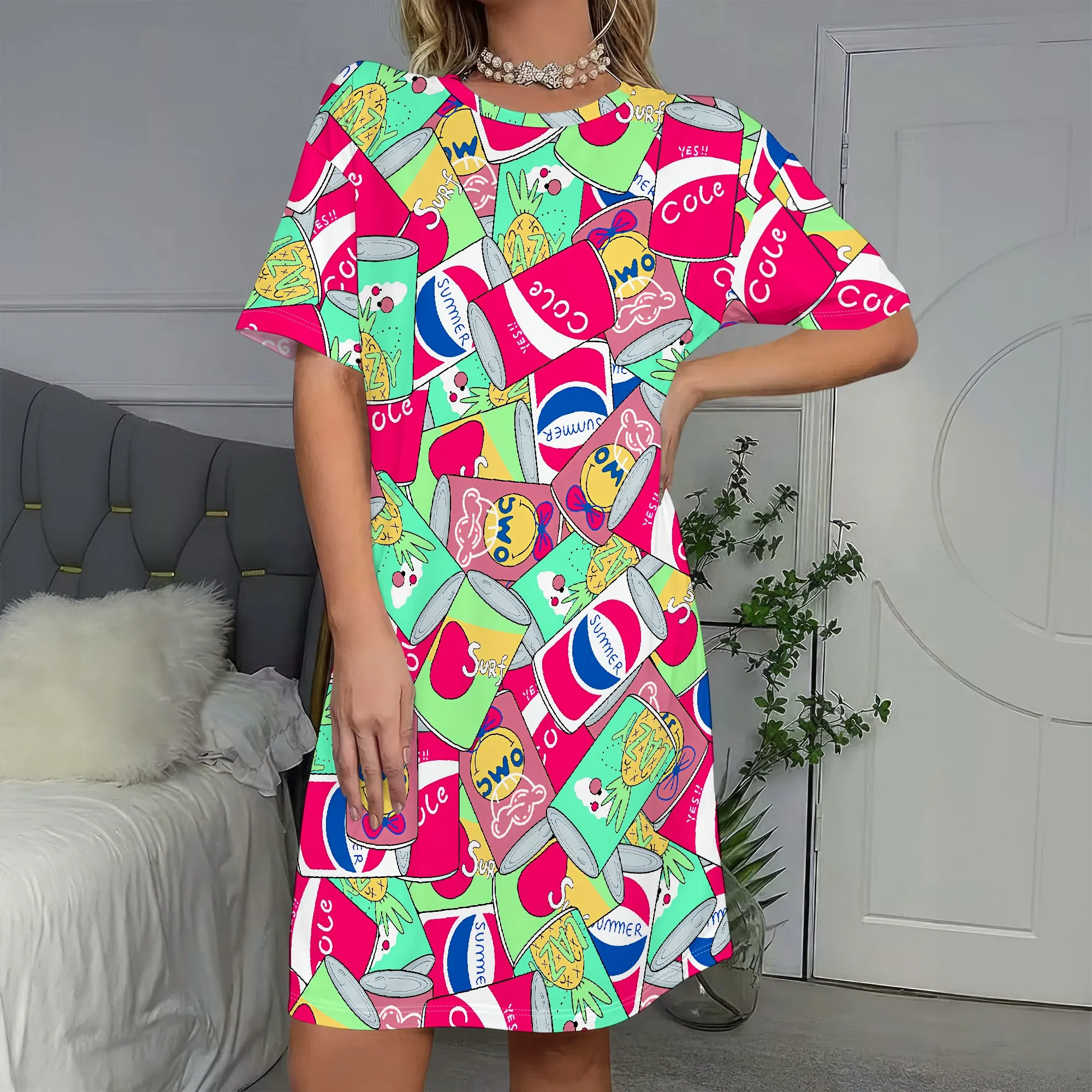 

Vibrant Pop Art Soda Can Print, Short Sleeve T-Shirt Dress, Colorful Graphic Mini Dress, Casual Summer Wear for Women, S-2XL