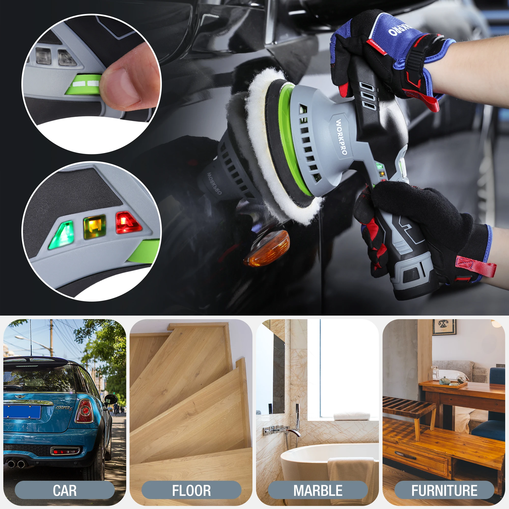 WORKPRO-Cordless Dual Car Polisher, Electric Dual Action, Wireless Polishing Machine, Waxing Power Tools, 12V