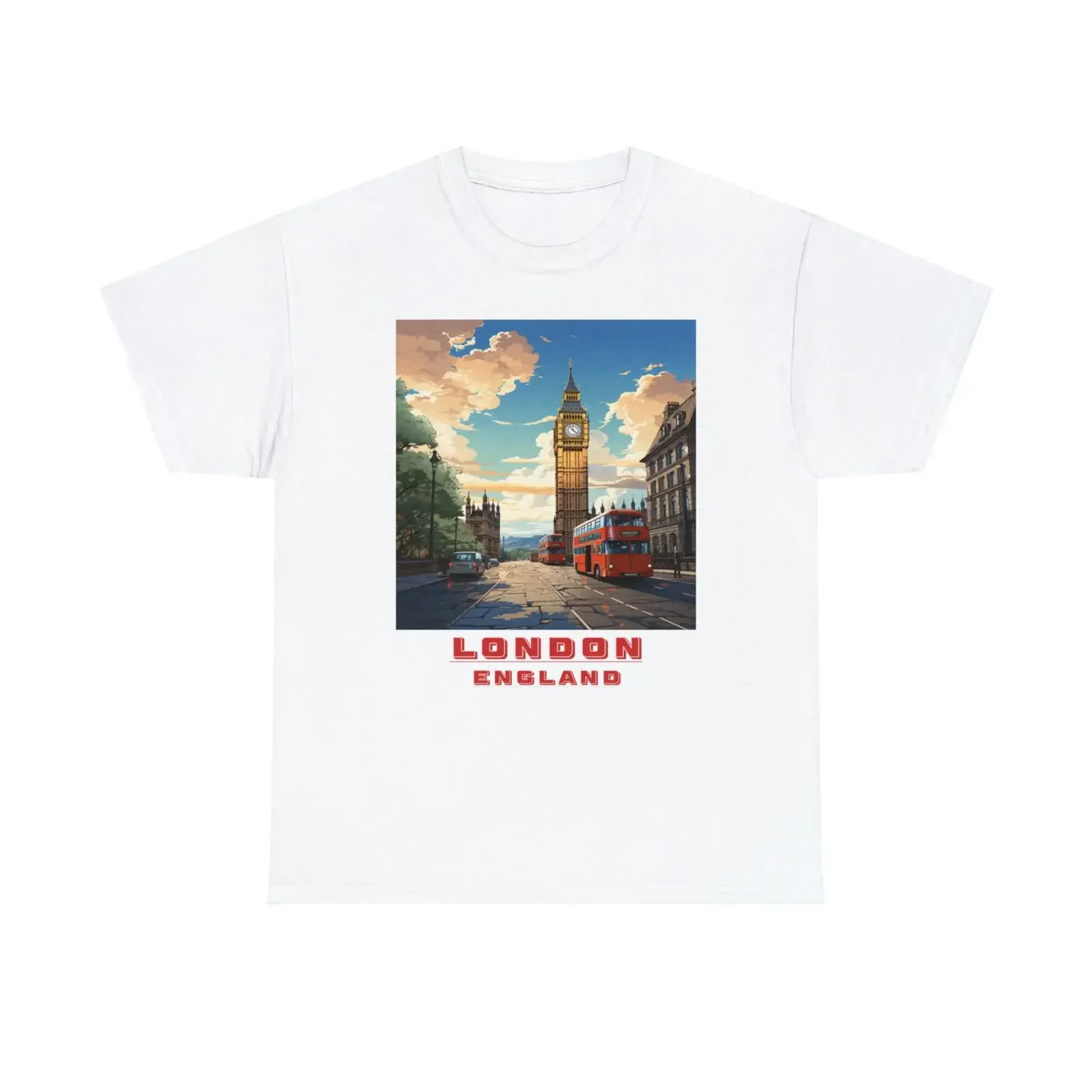 Anime Style London Big Ben Double Decker Bus Heavy Cotton T Shirt UK Travel Souvenir Casual vintage Washed graphic Stylish