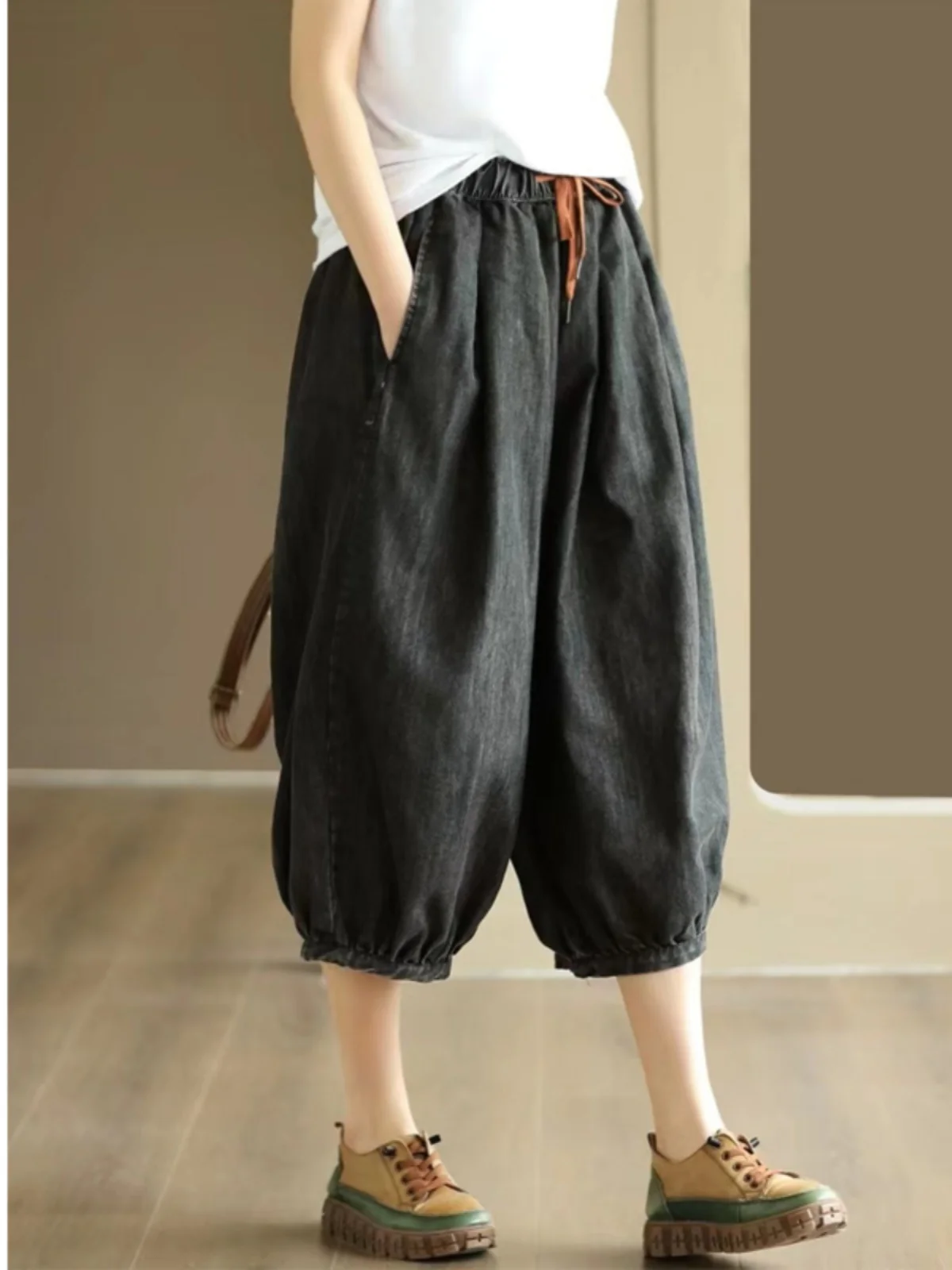 

Artistic Vintage plus Size Women's Denim Lantern Pants Summer Slimming Versatile Seven-Quarter Length Lightweight Casual Harl...