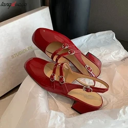 French Retro Red Mary Jeans shoes Woman Patent Leather Double Breasted Sandals Women Elegant Square Toe Single Shoes black