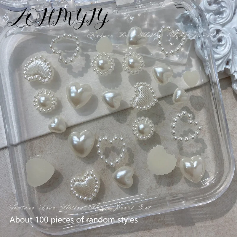 100Pcs/Bag Mixed Pearl Nail Rhinestones 3D Half Round Pearl Heart Shaped Nail Charms DIY Handmade Accessories For Phone Cases