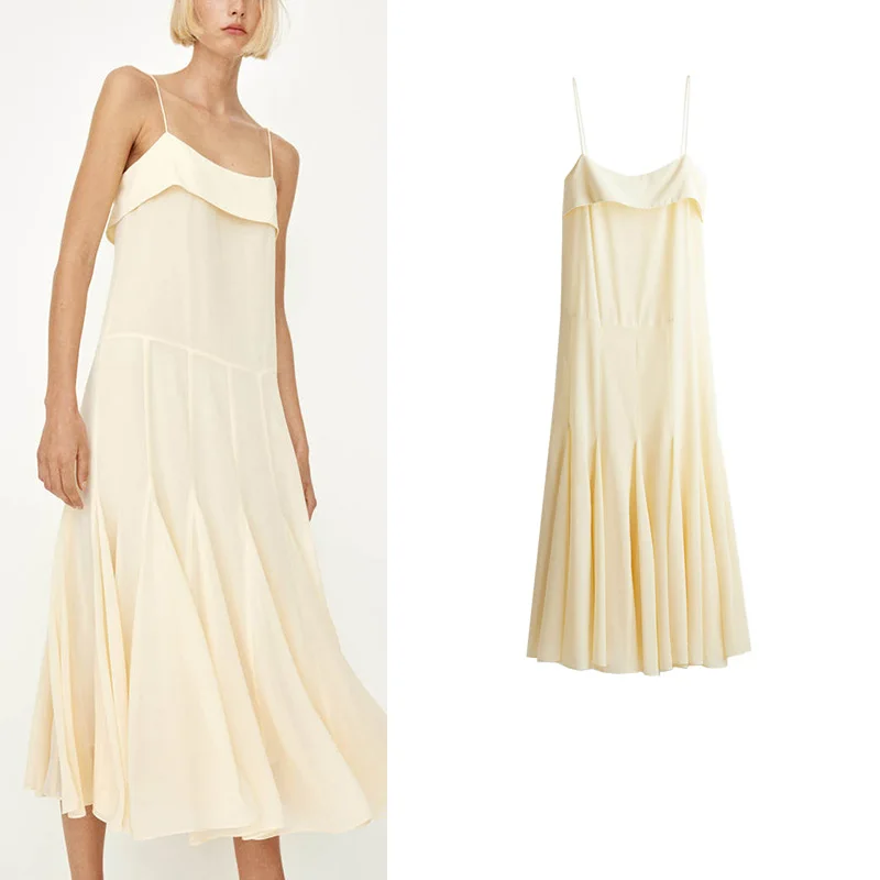 ชุดเดรสผ้าชีฟองคอปกสี่เหลี่ยมทรงบานสำหรับงานวันเกิดฤดูร้อนของผู้หญิง สายเดี่ยว ผ้าโพลีเอสเตอร์