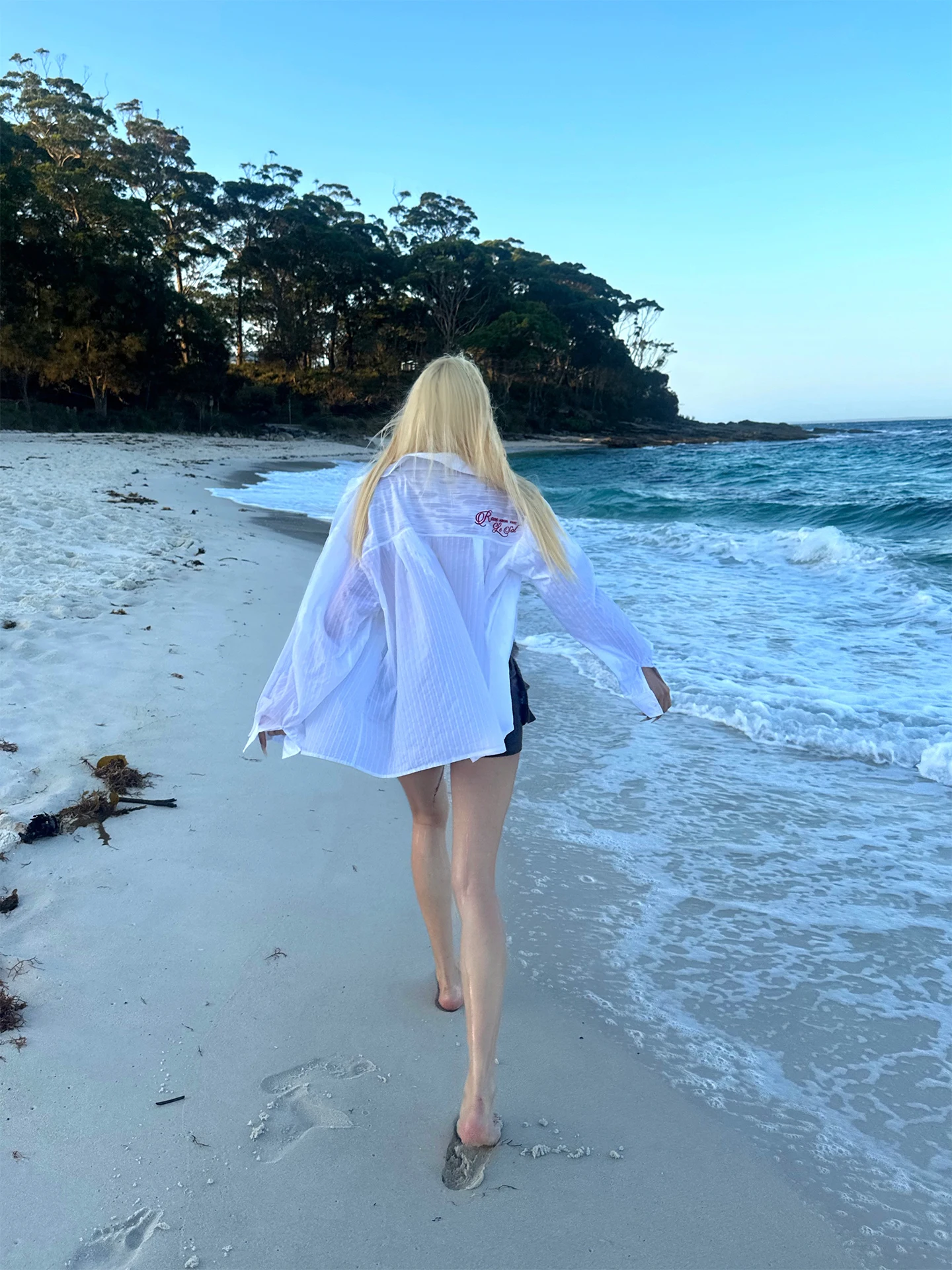 

White Embroidered Striped Long Sleeve Sun Protection Shirt Casual Loose Fit Women's Open Cardigan Style Rong Island Shirt