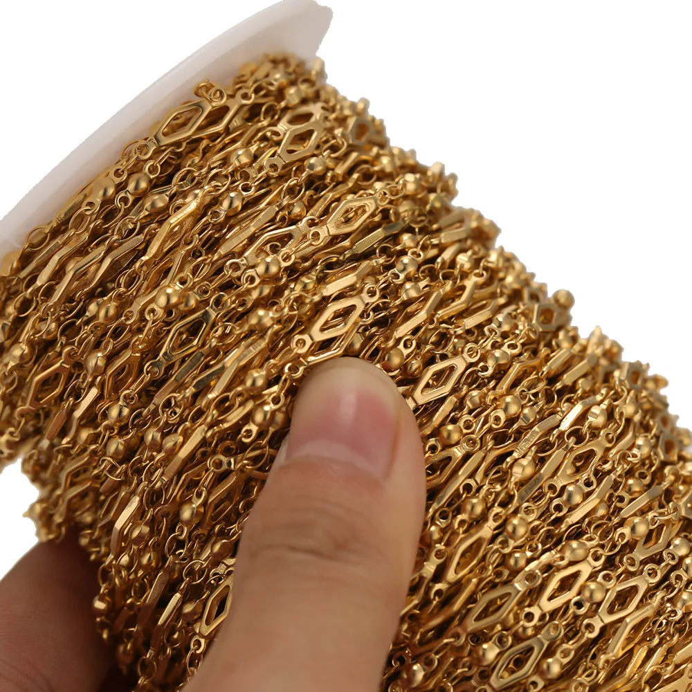 1 Meter Edelstahlkette in Goldfarbe mit Rhombus-Perlen-Verbindungsstücken für die Schmuckherstellung, geeignet für DIY-Halsketten und Körperketten. – Detail 4