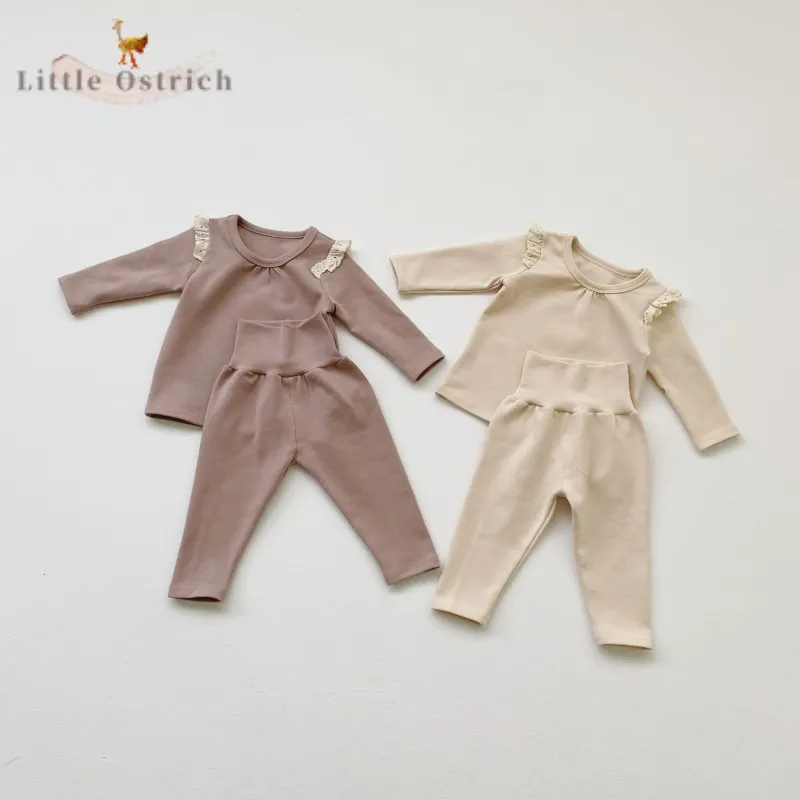 

Newborn Baby Girl Cotton Lace Clothes Set Shirt+Pant Spring Solid Child Clothing Suit Long Sleeve Sleepwear Baby Clothes 3M-2Y