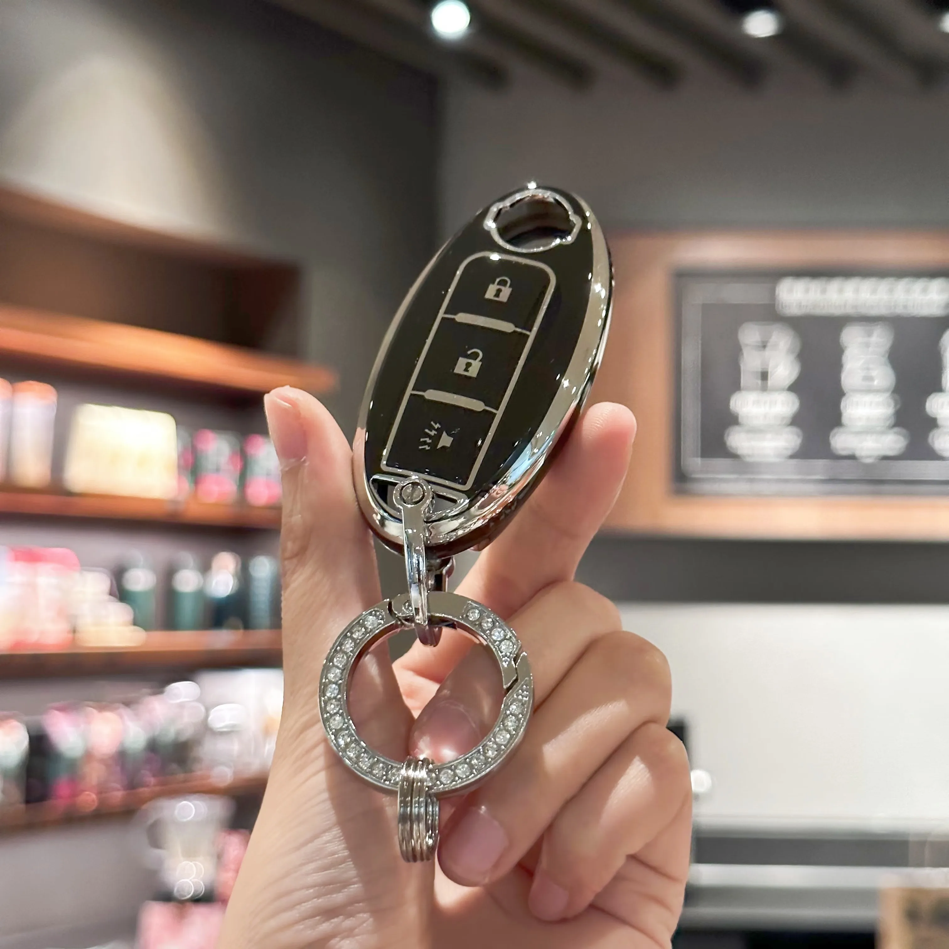 Key Fob Cover with Bling Lanyard Keyring for Nissan 370Z Armada Kicks Murano Pathfinder Rogue Titan Versa Note Infiniti
