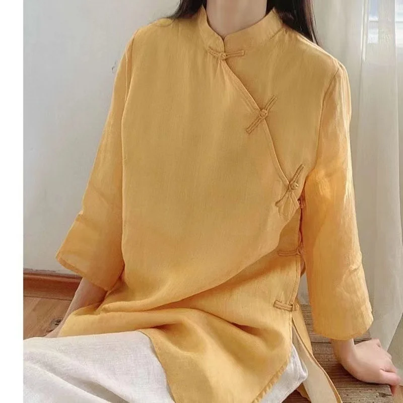 Mid Length Cotton Linen Chinese Traditional Women's Top Ladies Retro Art Shirt Loose Solid Color Hanfu Women's Cheongsam Qipao