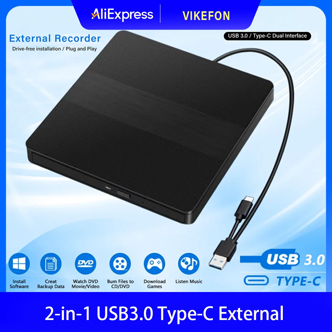 2-in-1 USB3.0 Tipe-C Drive Eksternal DVD RW CD Writer Burner Reader Player CD-ROM DVD-ROM Optical Drive Untuk Laptop Desktop PC