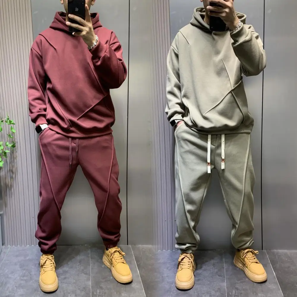 New Spring and Autumn Solid Color Hoodie & Jogger Set for Young Men, Fashionable Versatile 2-Piece Loungewear