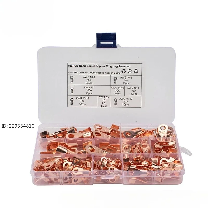 9 Specifications Boxed Copper Cold Pressing Terminal Opening Copper Nose Copper Wire Ear Terminal 185pcs