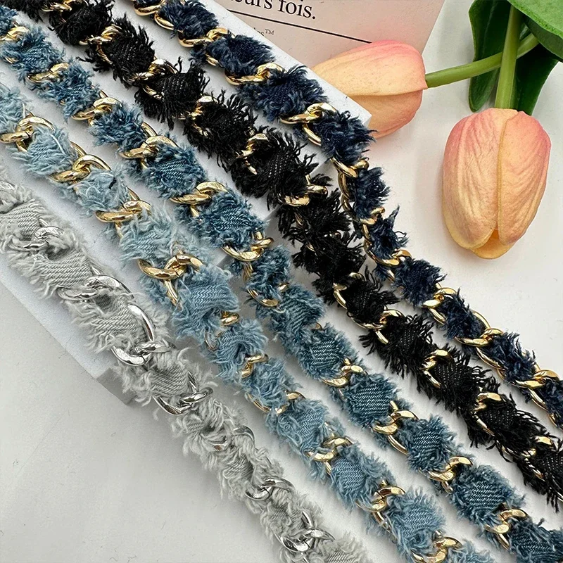 90cm Denim Woven Chain Metal Braided Trim Gold Color Lace Style DIY Decor Hardware for Clothing Bags Shoes Hats Craft Accessory