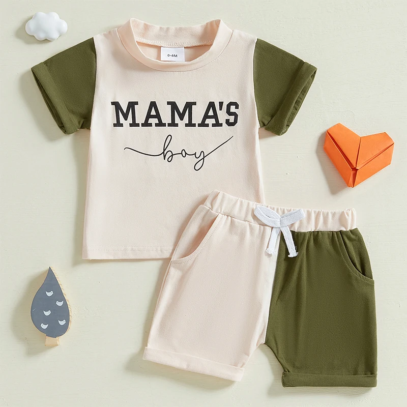 Conjunto de 2 piezas de trajes de Color contrastante para bebés de 0 a 3 años, camiseta de manga corta con estampado de letras + pantalones cortos de cintura elástica con bolsillos