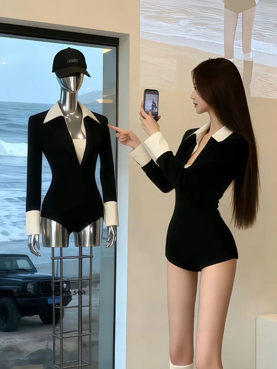 

Black Long Sleeve Collared T-Shirt Set Women's Fashion Autumn Winter Clothes High Waist Short Pants Two-Piece Suit Stylish
