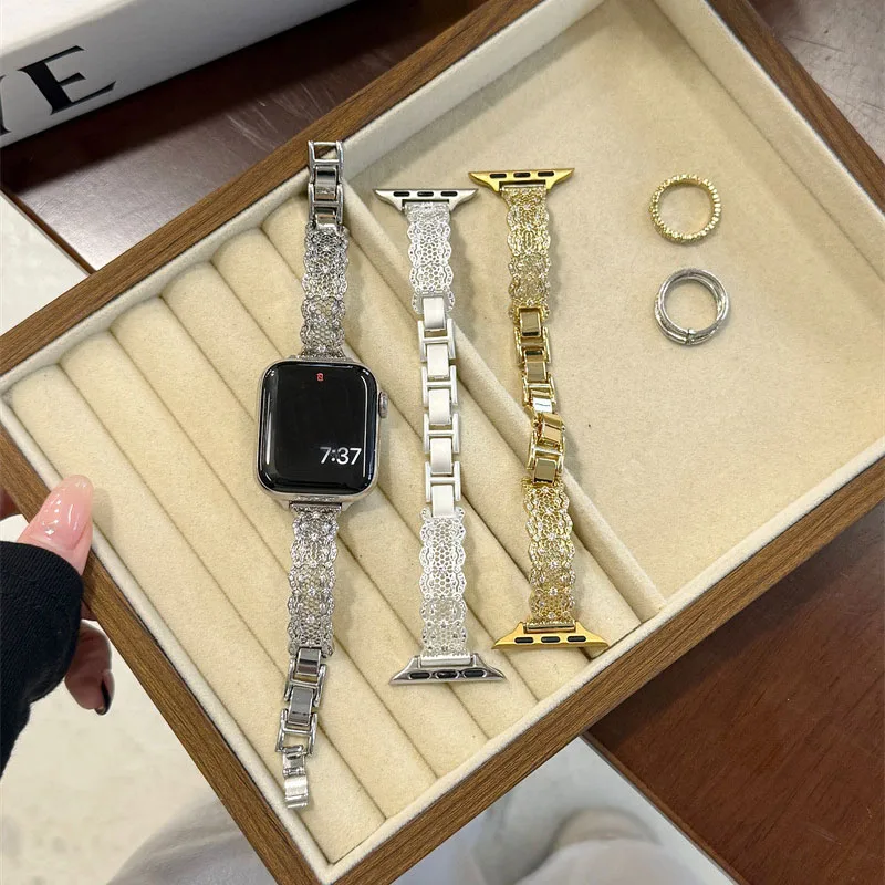 

Металлический кружевной цирконовый ремешок для Apple Watch Series 11 10 9 8 7 6 SE Ультра роскошный ремешок для iwatch 46 42 38 40 41 44 45 49 мм Браслет